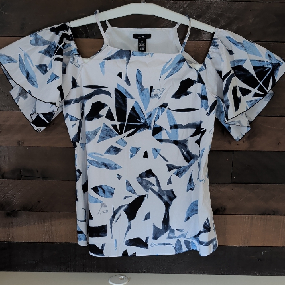 Alfani White Cold-Shoulder Top with Blue Leaf Print  78% Cotton Size 10